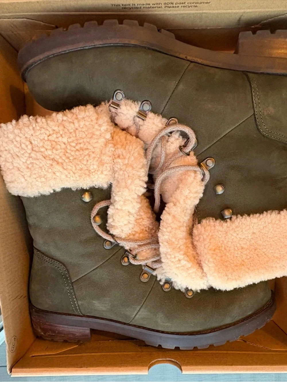 UGG Shearling-Lined Lace-Up Winter Boots - Cream & Olive Green